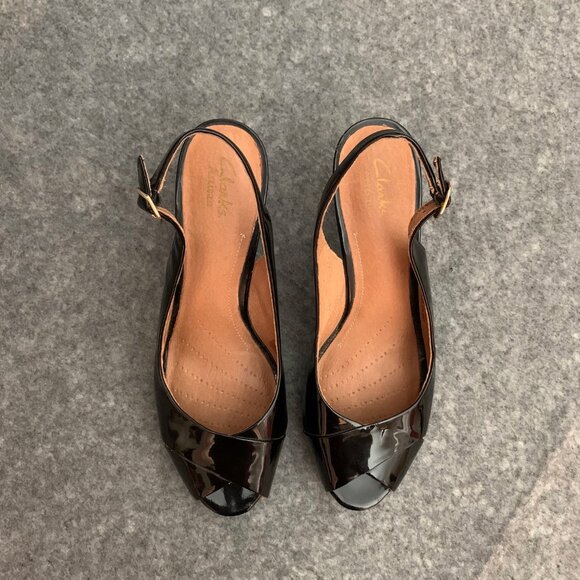 Clarks Artisan Women's Patent Leather Black Shoes Sling Back Heel Peep Toe Shoes - Picture 7 of 12